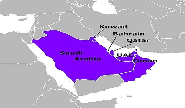 걸프 지역도(사우디, 쿠웨이트, 바레인, 카타르, UAE, 오만). 월드 아틀라스