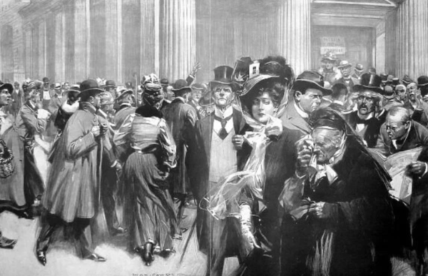 은행 앞에서 망연자실한 대중을 그려낸 당시 판화. 메리에반스