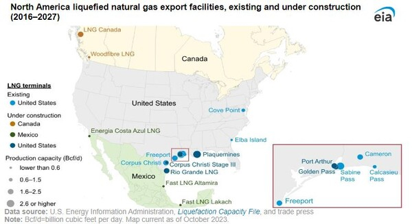 북미 LNG 수출 시설 및 건축 예정 지점 EIA